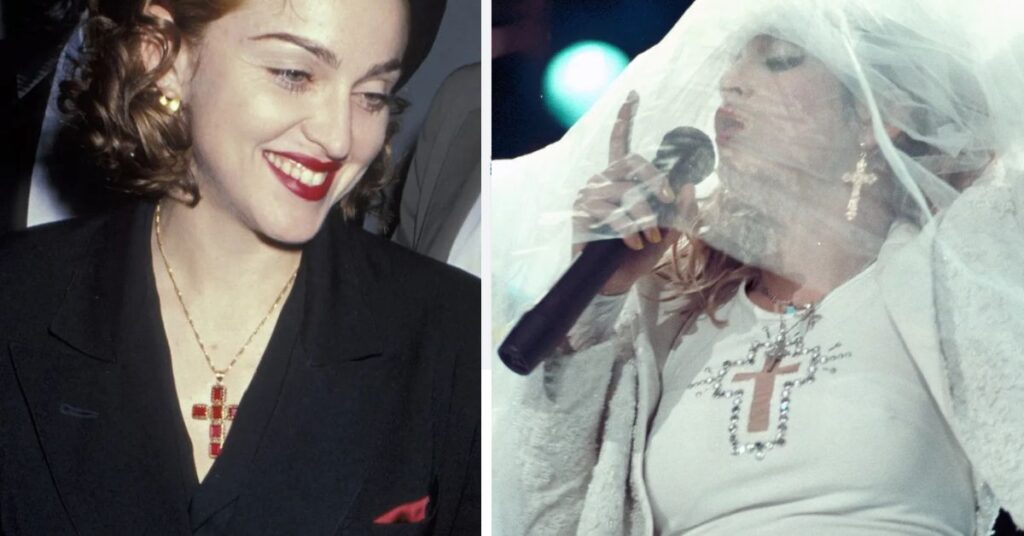 Madonna whit necklaces and earrings with croces